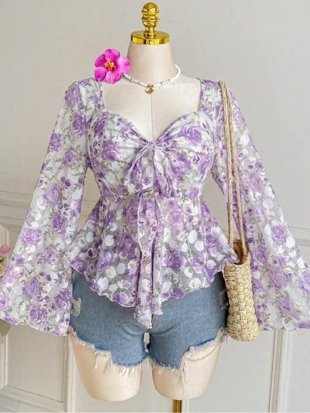 Floral Tie-Front Peplum Blouse - Lavender